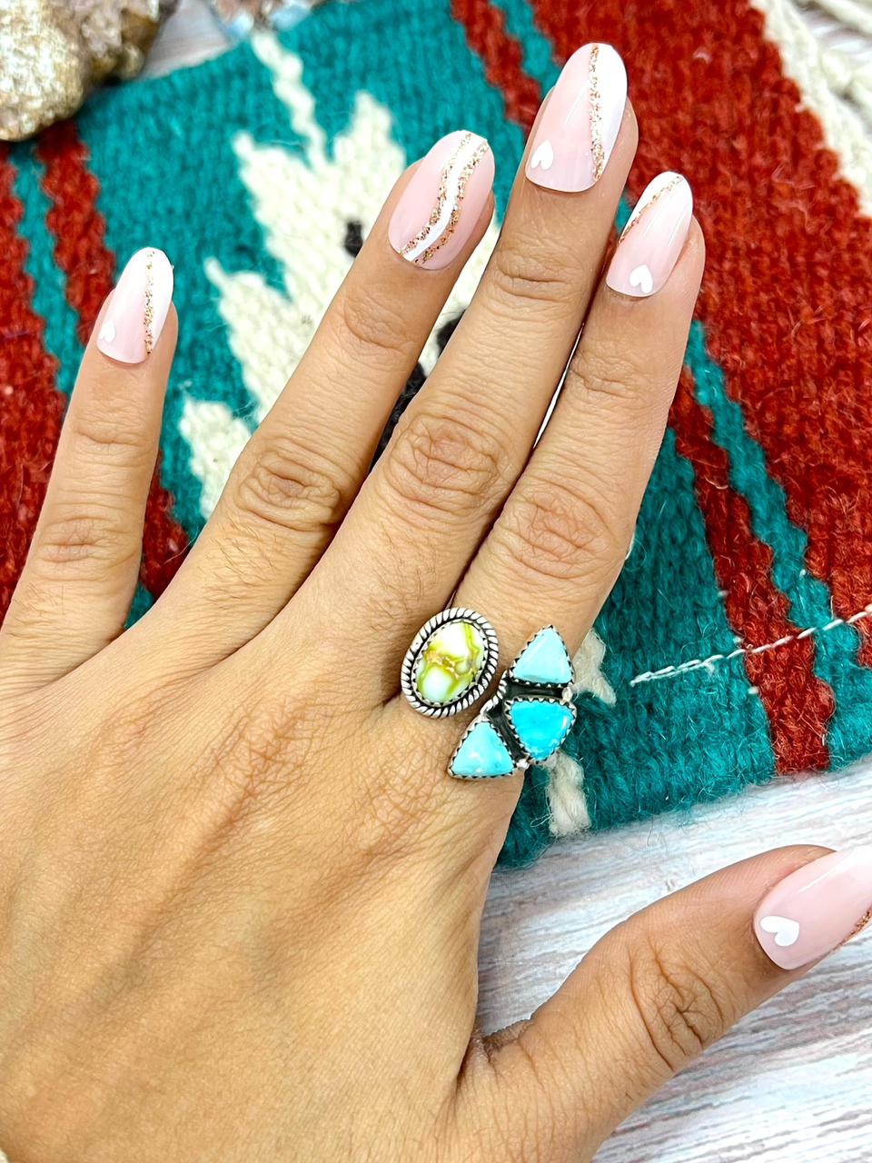 Handmade Sterling Silver Palomino with White Water Adjustable Ring "Signed Nizhoni" (5)