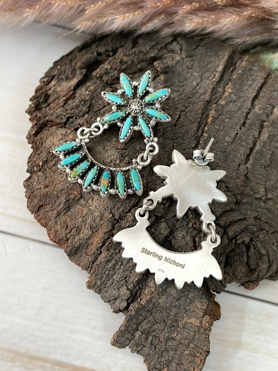 Handmade Sterling Silver Kingman Turquoise Post Dangle Earrings Signed Nizhoni