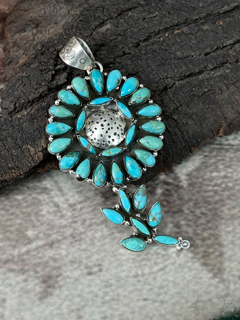 Handmade Sterling Silver Kingman Turquoise Flower Pendant Signed Nizhoni