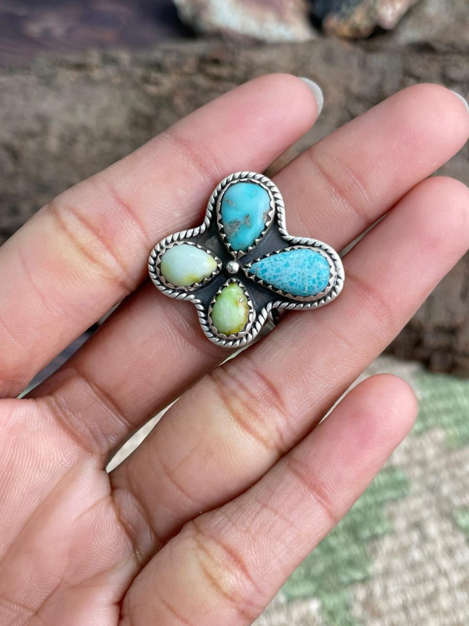 Handmade Sterling Silver White Water with Palomino Turquoise Adjustable Ring "Signed Nizhoni"