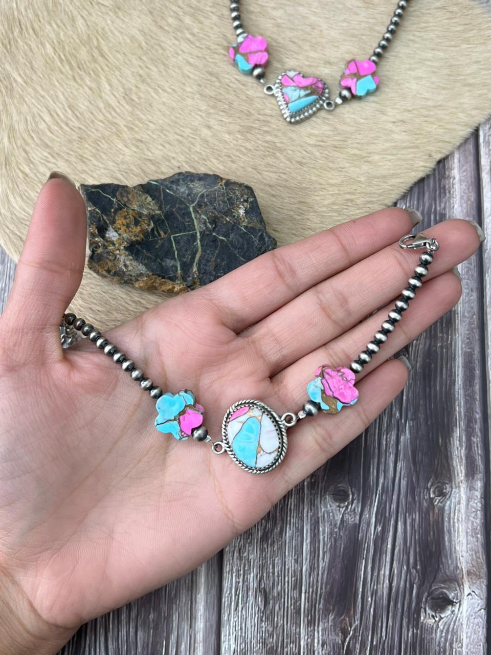 Handmade Sterling Silver Cotton Candy Beaded Chain Bracelet "Signed Nizhoni"