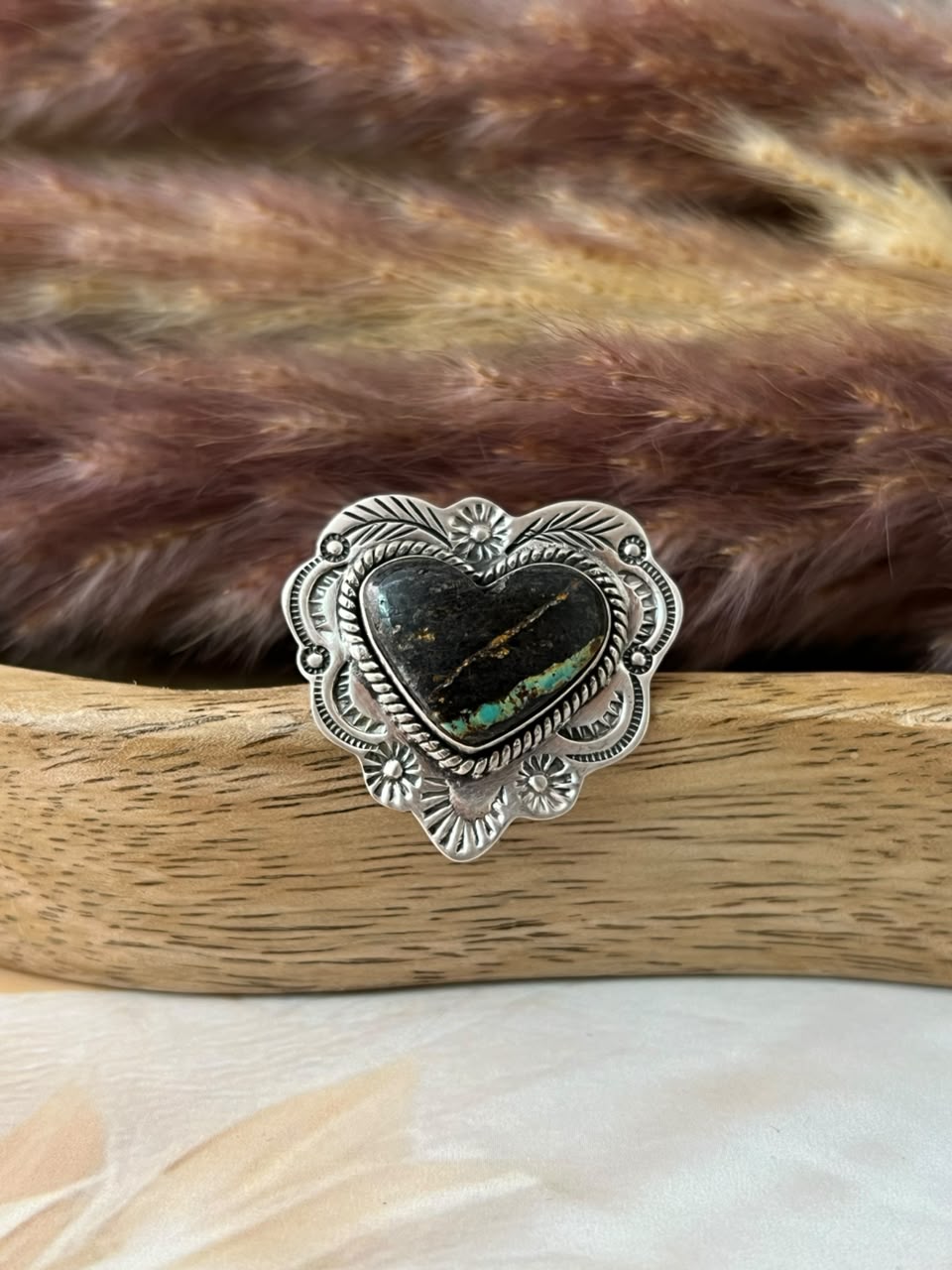 Handmade Sterling Silver Blackjack Turquoise Collection: Heart Adjustable Ring Signed Nizhoni