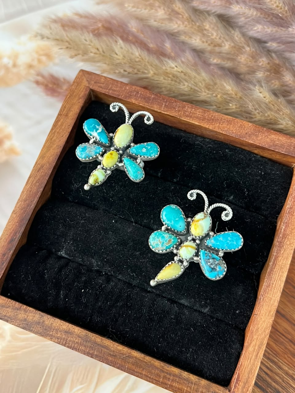 Handmade Sterling Silver Palomino with White Water Turquoise Butterfly Adjustable Ring Signed Nizhoni