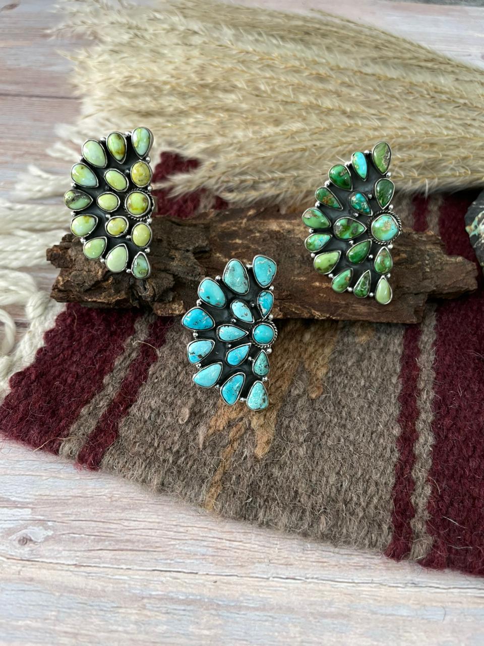 Handmade Sterling Silver White Water, Sonoran and Palomino Turquoise Adjustable Ring "Signed Nizhoni"