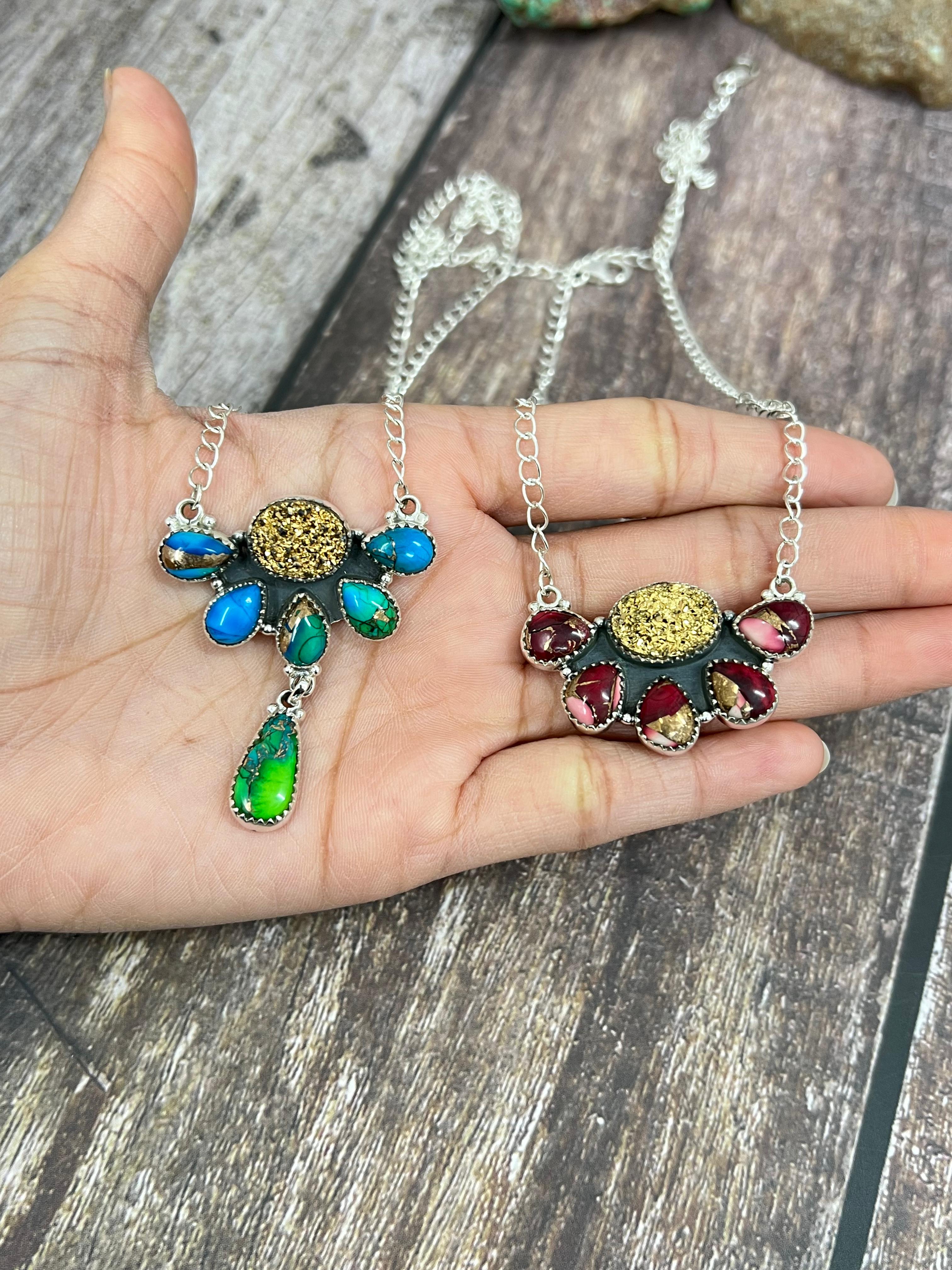 Handmade Sterling Silver Dahlia Rose with Druzy, Peacock Dahlia with Druzy Necklace with Signed Nizhoni