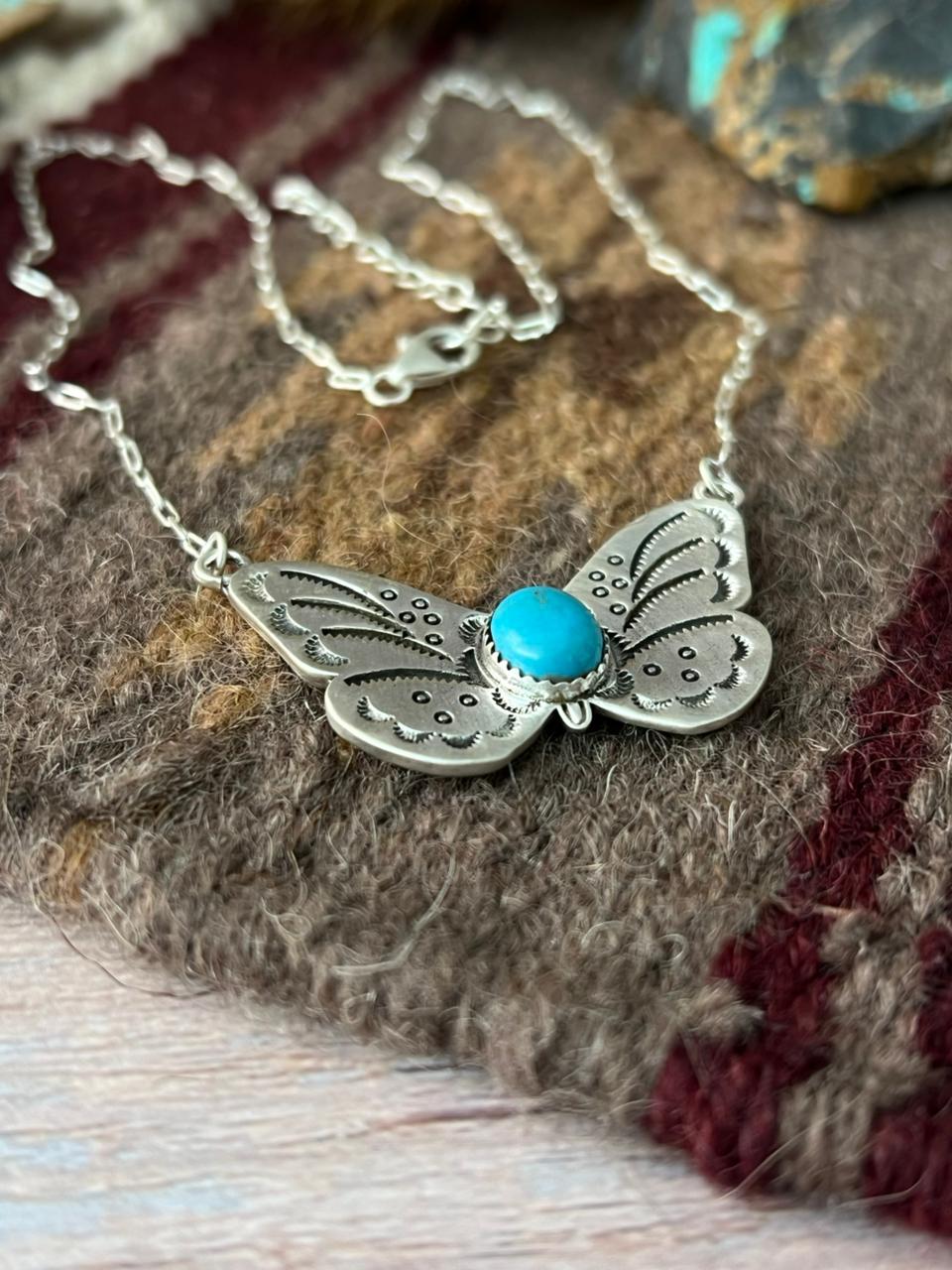 Handmade Sterling Silver Blue Turquoise Butterfly Necklace "Signed Nizhoni"