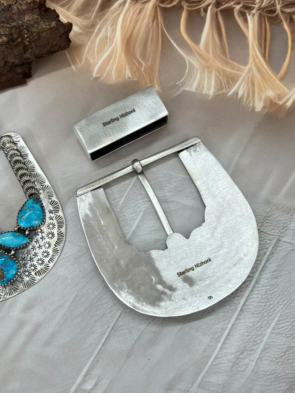 Handmade Sterling Silver Palomino and White Water Turquoise Belt Buckle Set Signed Nizhoni