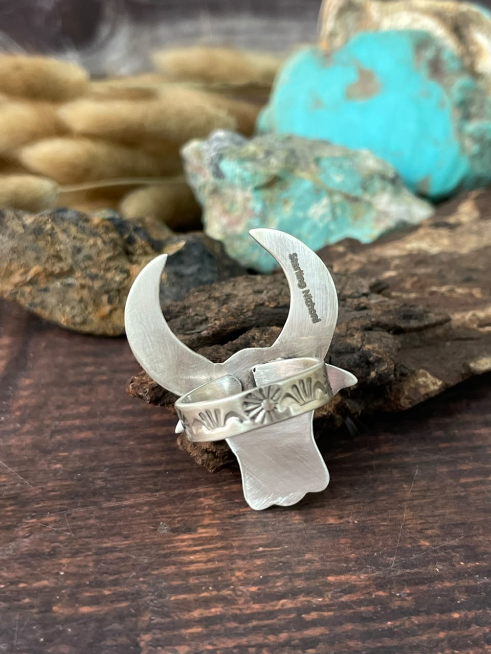 Handmade Sterling Silver Kingman Turquoise NFR Collection: Bull Head Adjustable Ring Signed Nizhoni