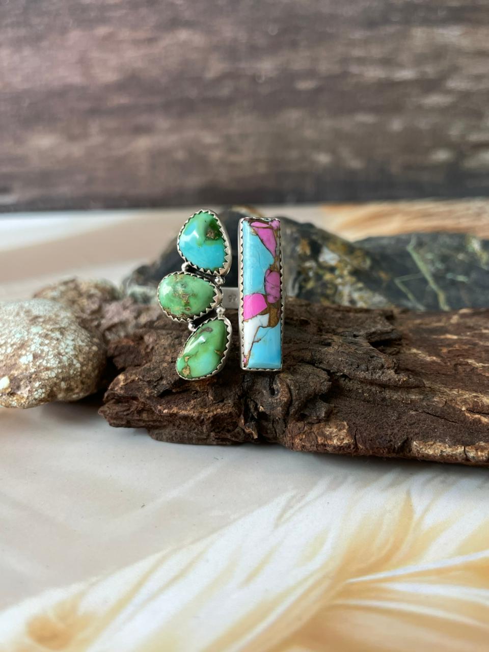 Handmade Sterling Silver Spring Collection: Cotton Candy with Sonoran Mountain Turquoise Adjustable Ring "Signed Nizhoni"