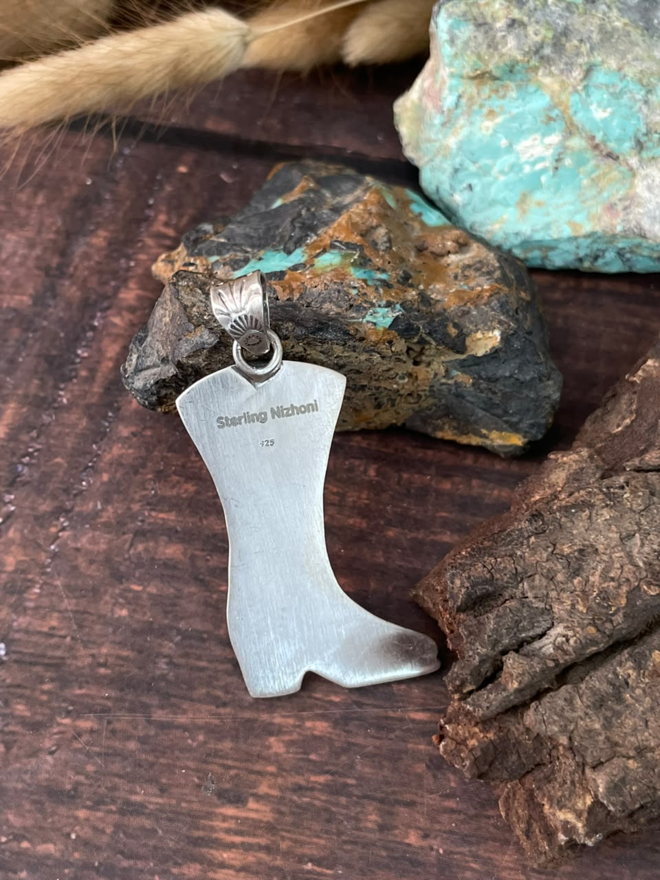Handmade Sterling Silver Kingman Turquoise NFR Collection: Boot Pendant Signed Nizhoni