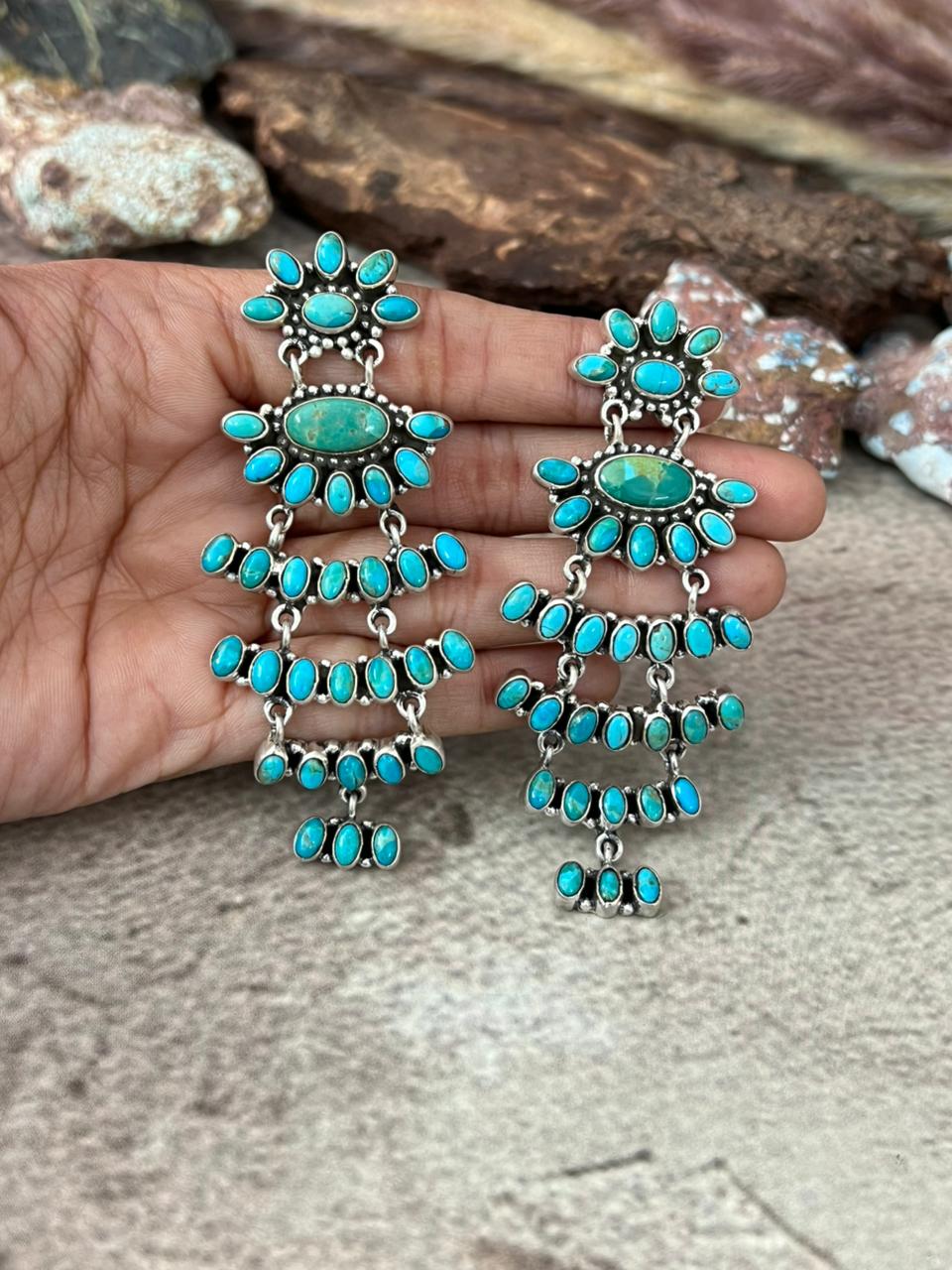 Handmade Sterling Silver Kingman Turquoise Post Dangle Earrings "Signed Nizhoni"