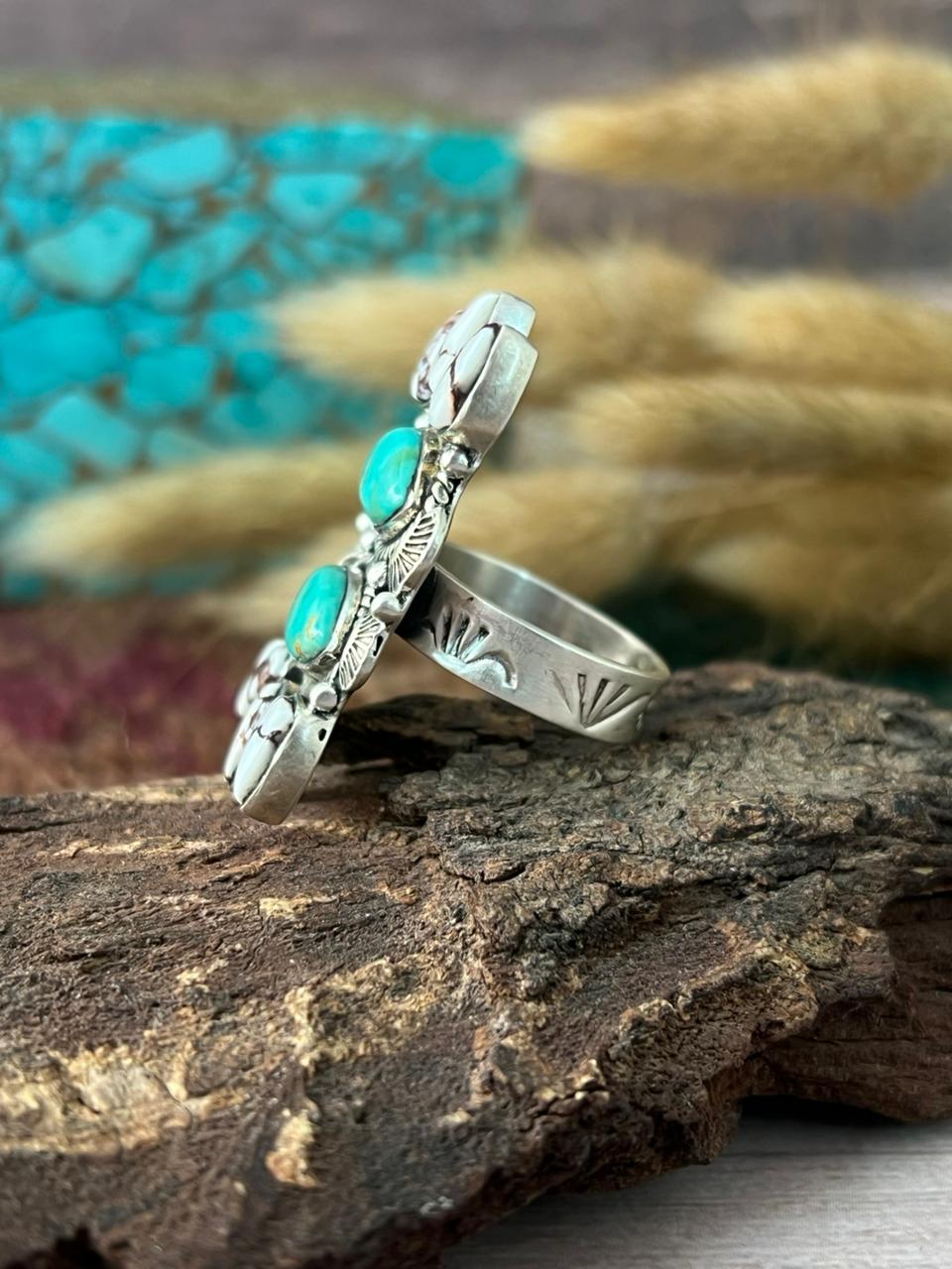 Handmade Sterling Silver Kingman with Wildhorse Magnesite Adjustable Ring "Signed Nizhoni"