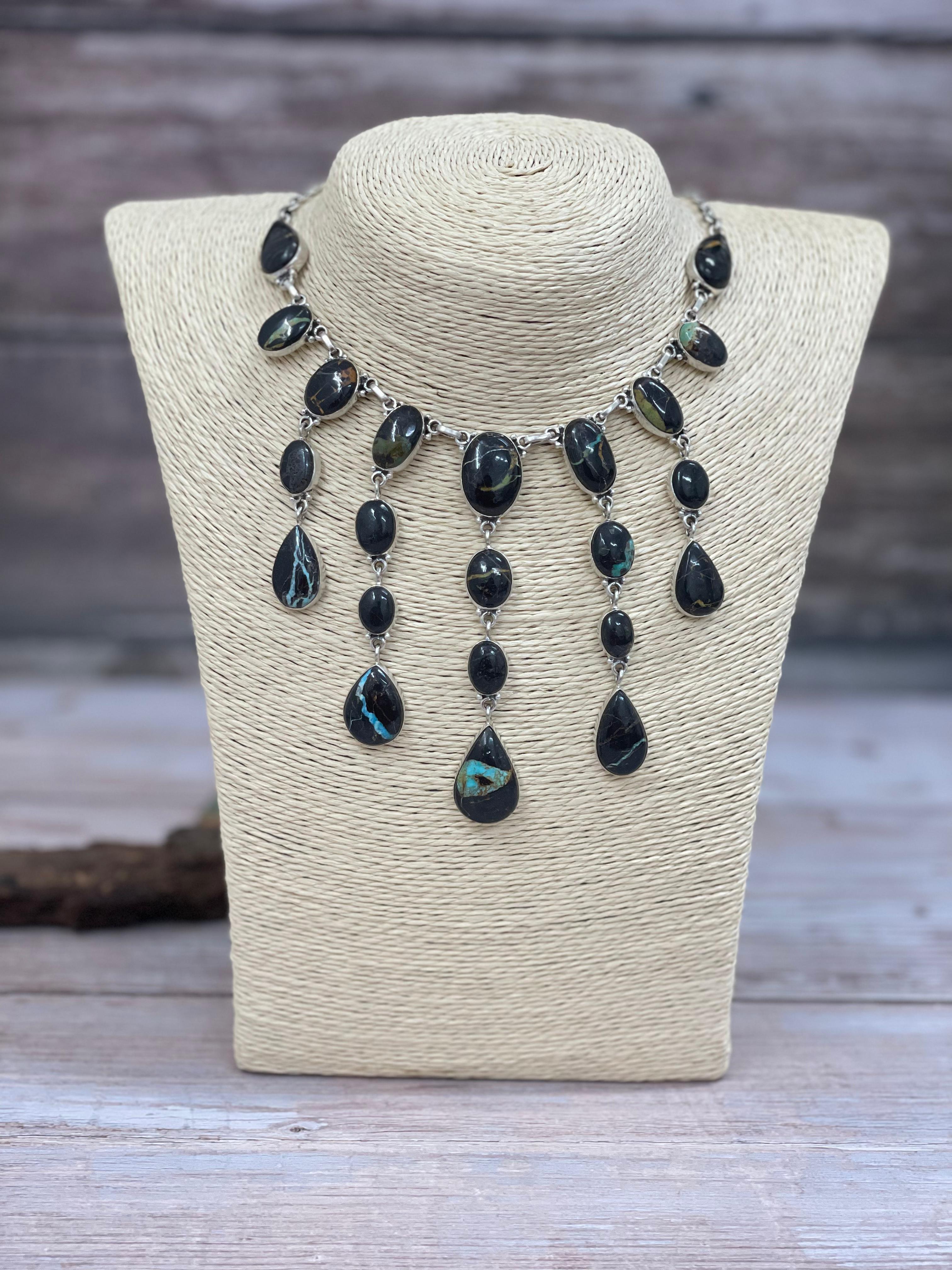 Handmade Sterling Silver Blackjack Turquoise Necklace Signed Nizhoni