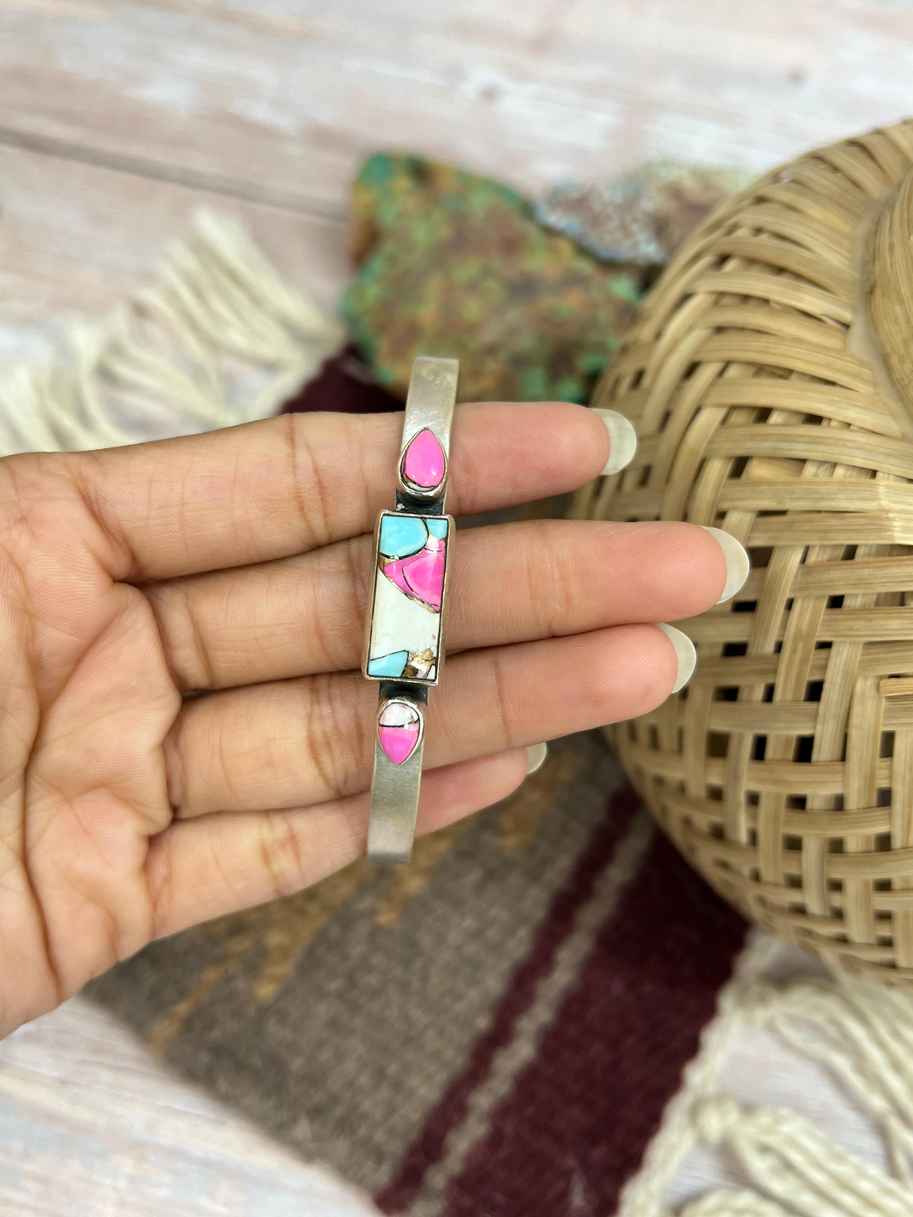 Handmade Sterling Silver Cotton Candy Turquoise Cuff Bracelet with Signed Nizhoni