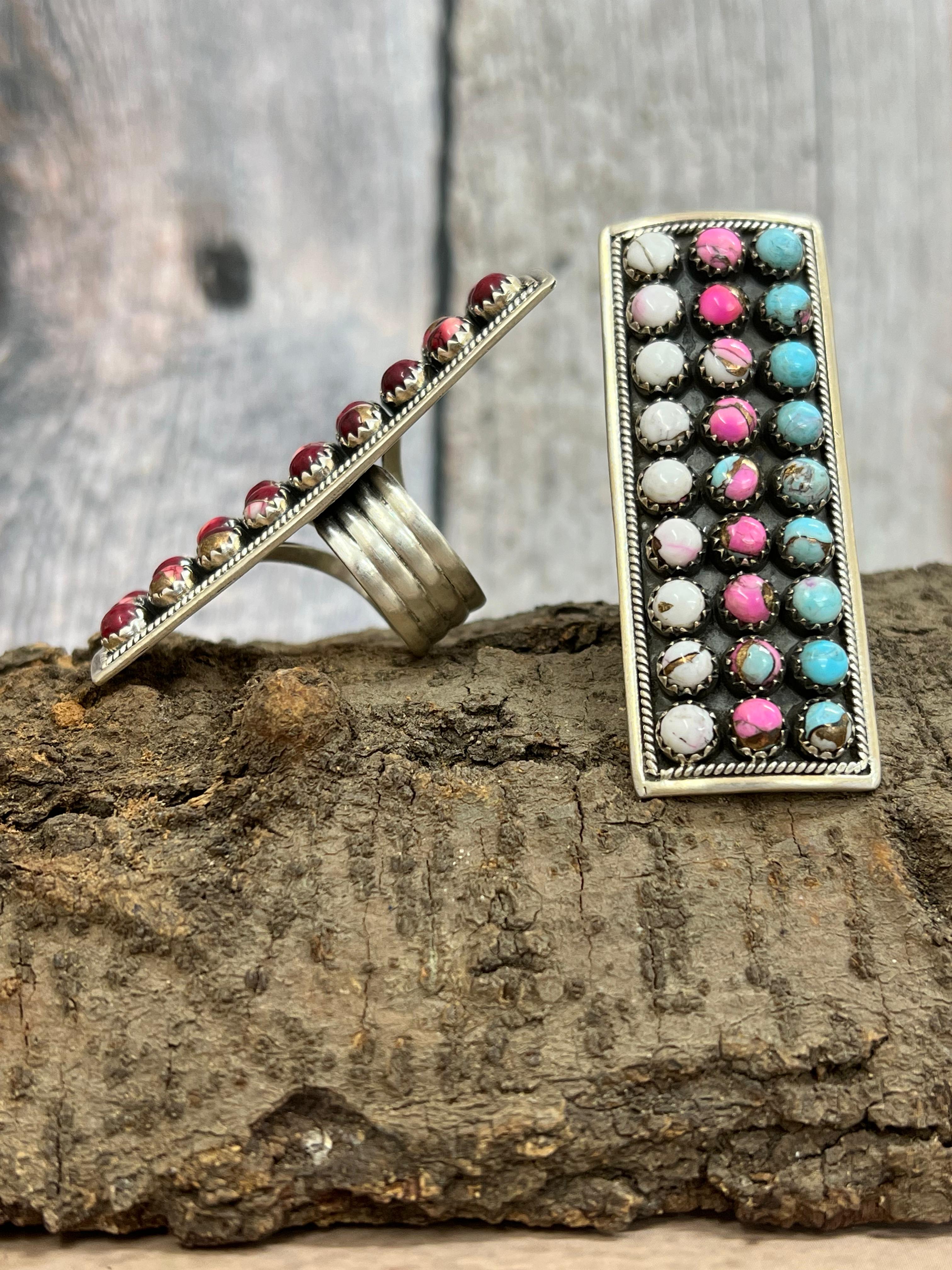 Handmade Sterling Silver Cotton Candy, Dahlia Rose Adjustable Rings with Signed Nizhoni