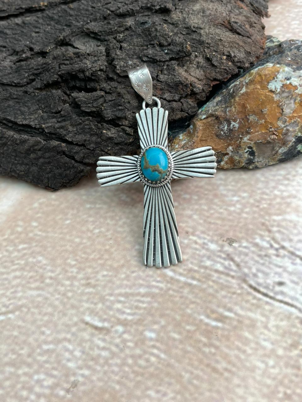 Handmade Sterling Silver Kingman Turquoise Cross Shape Pendant "Signed Nizhoni" (2)