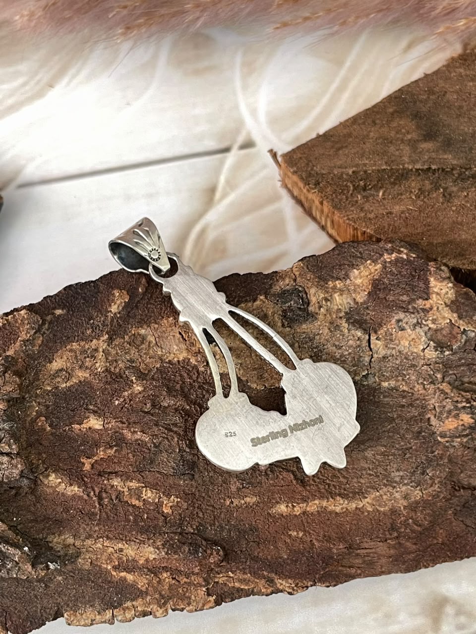 Handmade Sterling Silver Rosarita with Kingman Turquoise Cherry Pendant Signed Nizhoni