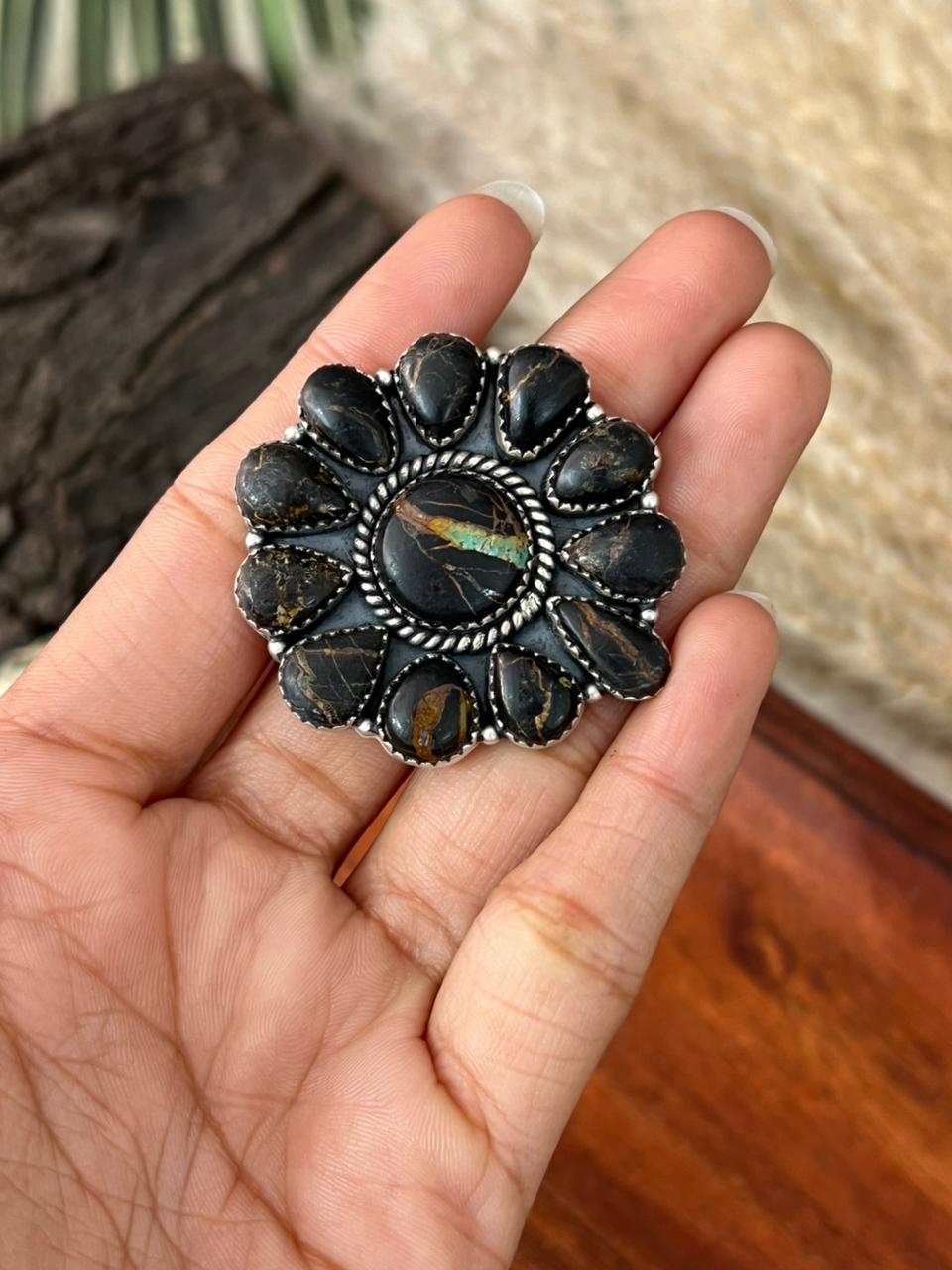 Handmade Sterling Silver Blackjack Turquoise Adjustable Ring "Signed Nizhoni"