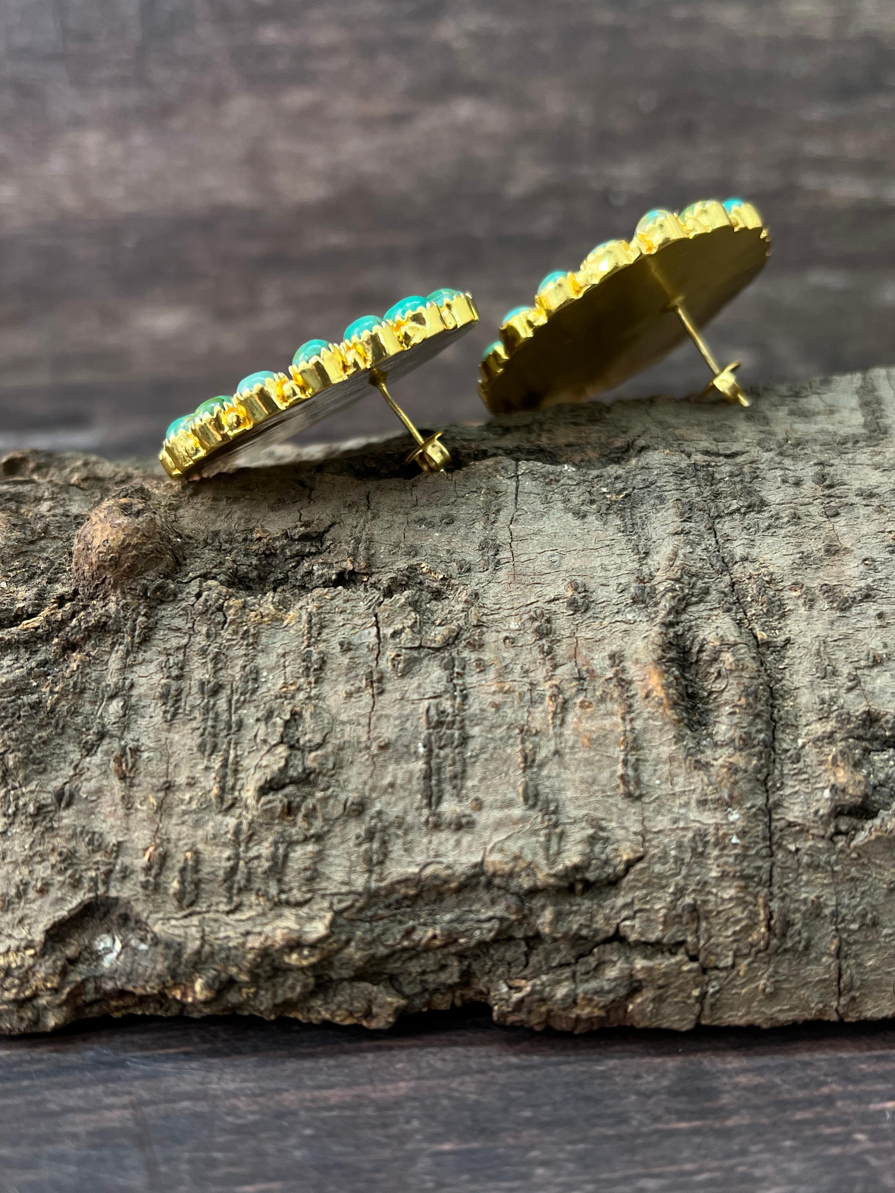 “The Golden Collection” Handmade Natural Kingman Turquoise Gold Plated Sterling Silver Cluster Post Earrings