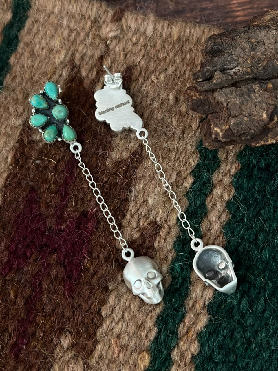 Handmade Sterling Silver Kingman Turquoise Halloween Collection: Post Dangle Earrings Signed Nizhoni