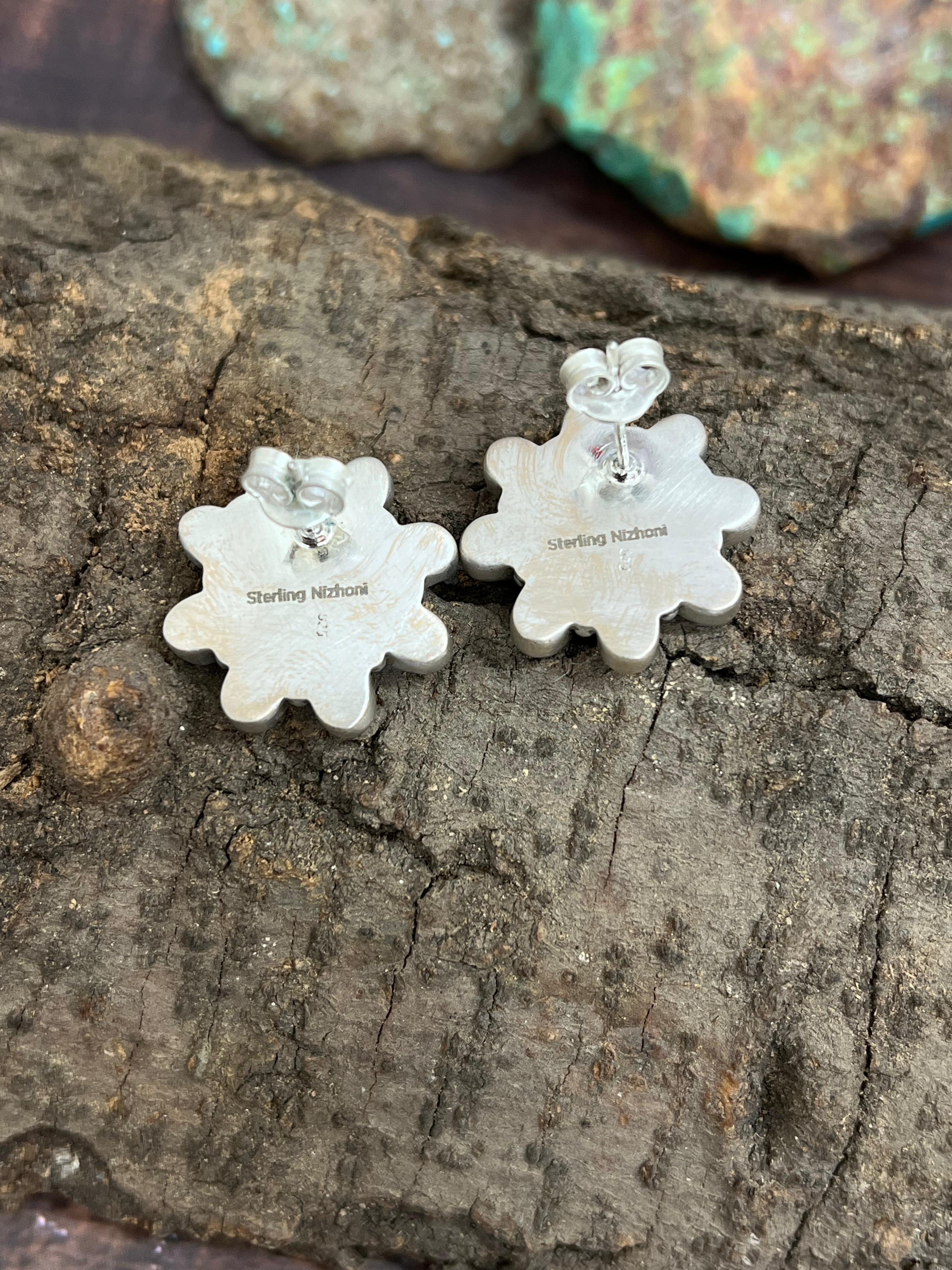 Handmade Sterling Silver Peacock Dahlia Post Earrings with Signed Nizhoni