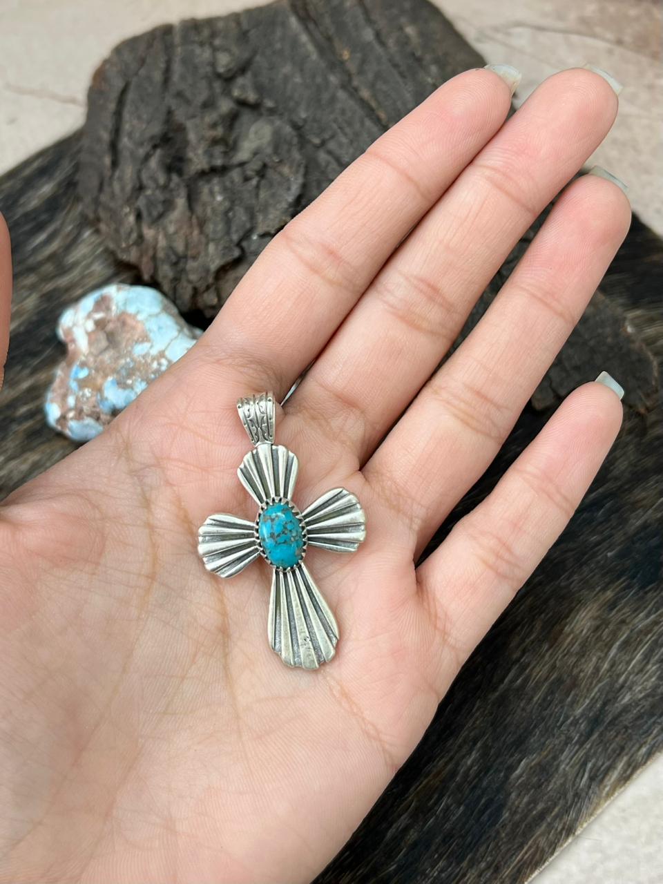 Handmade Sterling Silver Kingman Turquoise Cross Pendant "Signed Nizhoni" (4)