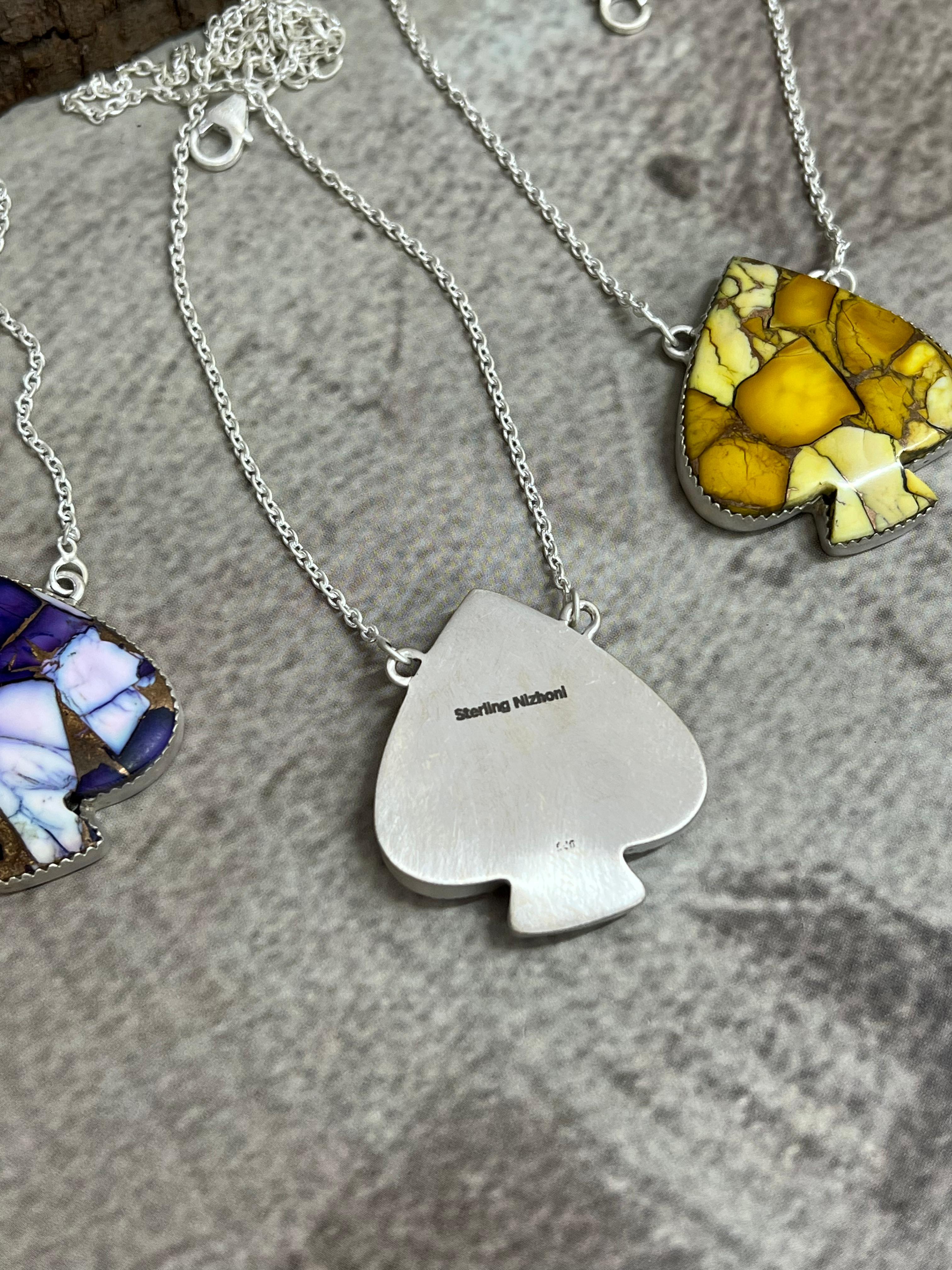 Handmade Sterling Silver Multi Stone Spade Necklace, Signed Nizhoni