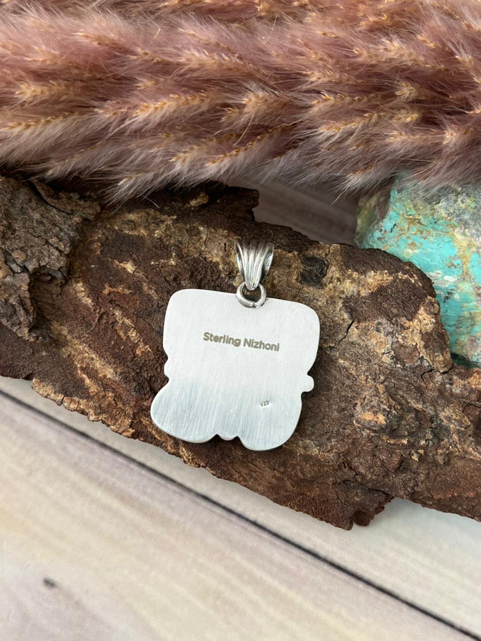 Handmade Sterling Silver Green Kingman Turquoise Collection: Pendant Signed Nizhoni