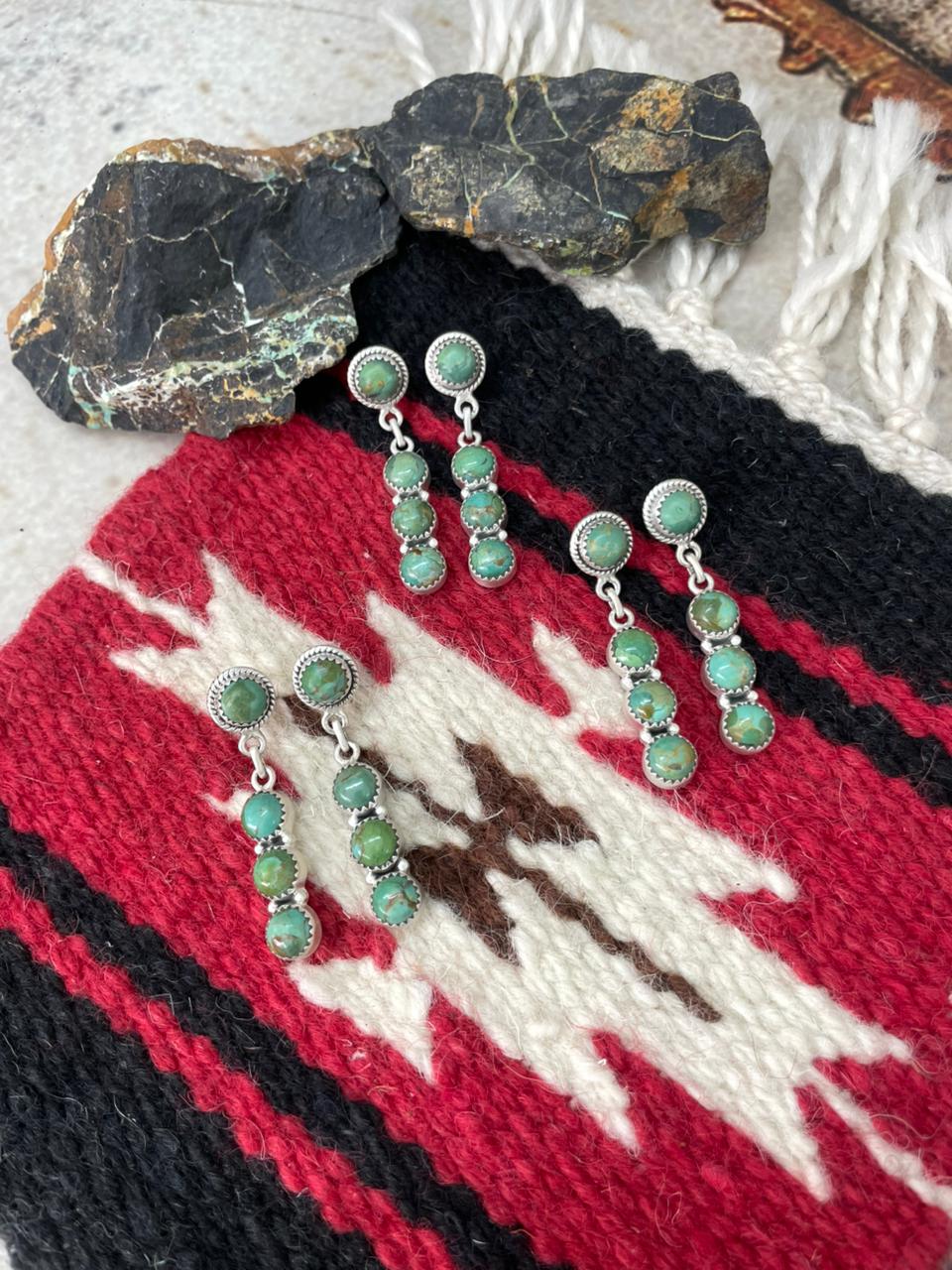 Handmade Sterling Silver Kingman Turquoise Post Dangle Earrings "Signed Nizhoni"