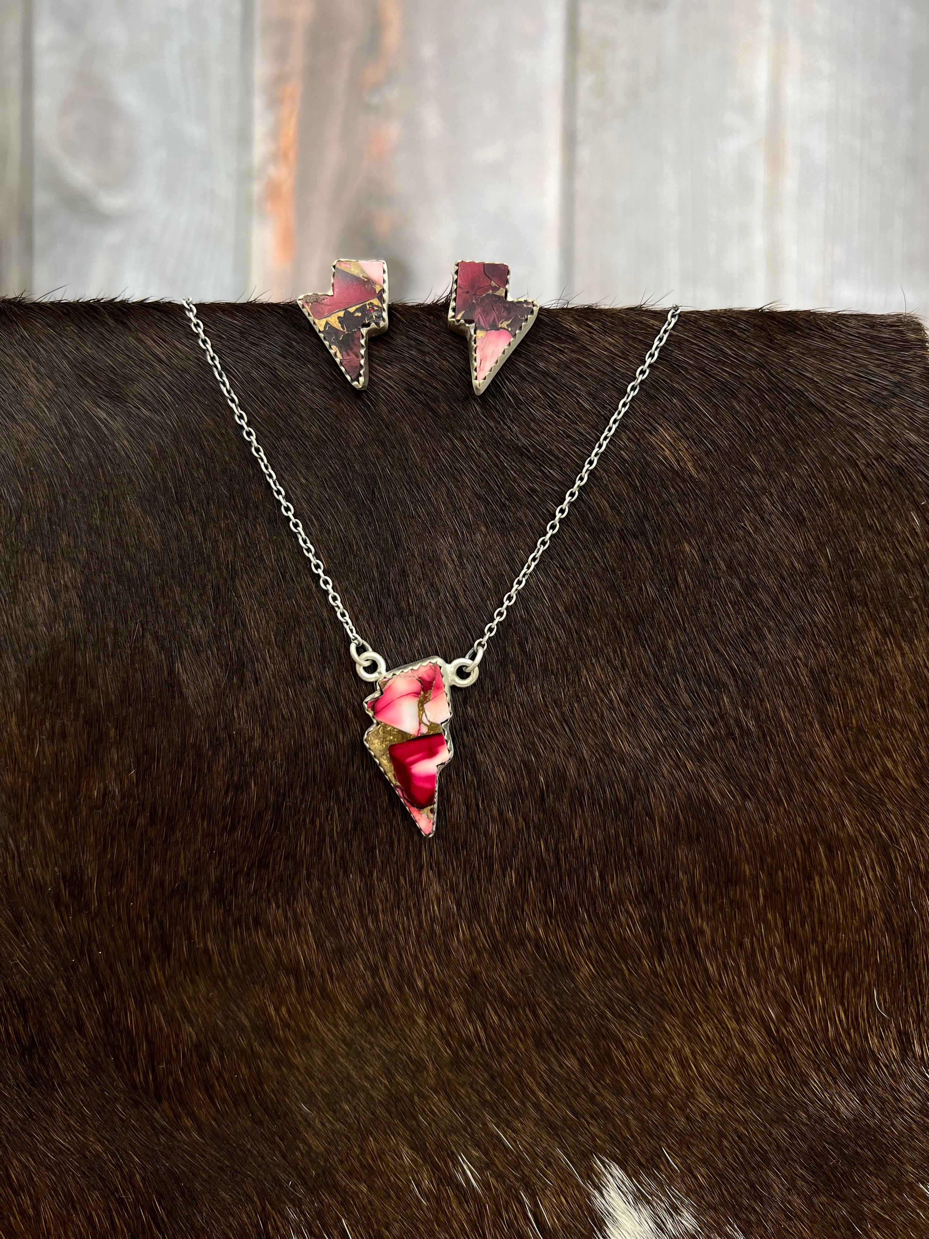 Handmade Sterling Silver Dahlia Rose Lightning Bolt Necklace Earrings Set, Signed Nizhoni (9)