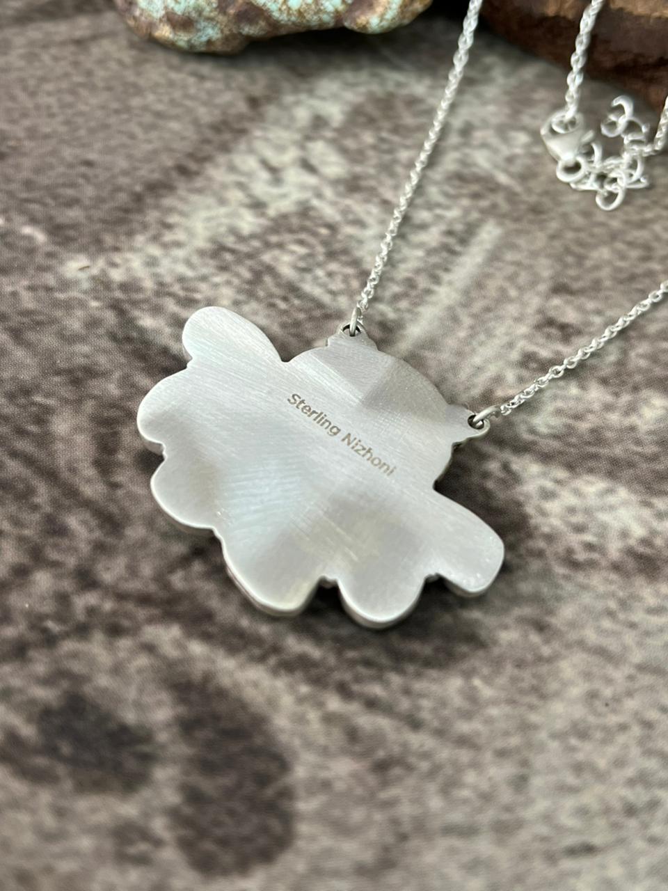Handmade Sterling Silver Santa Maria with White Buffalo Necklace "Signed Nizhoni"