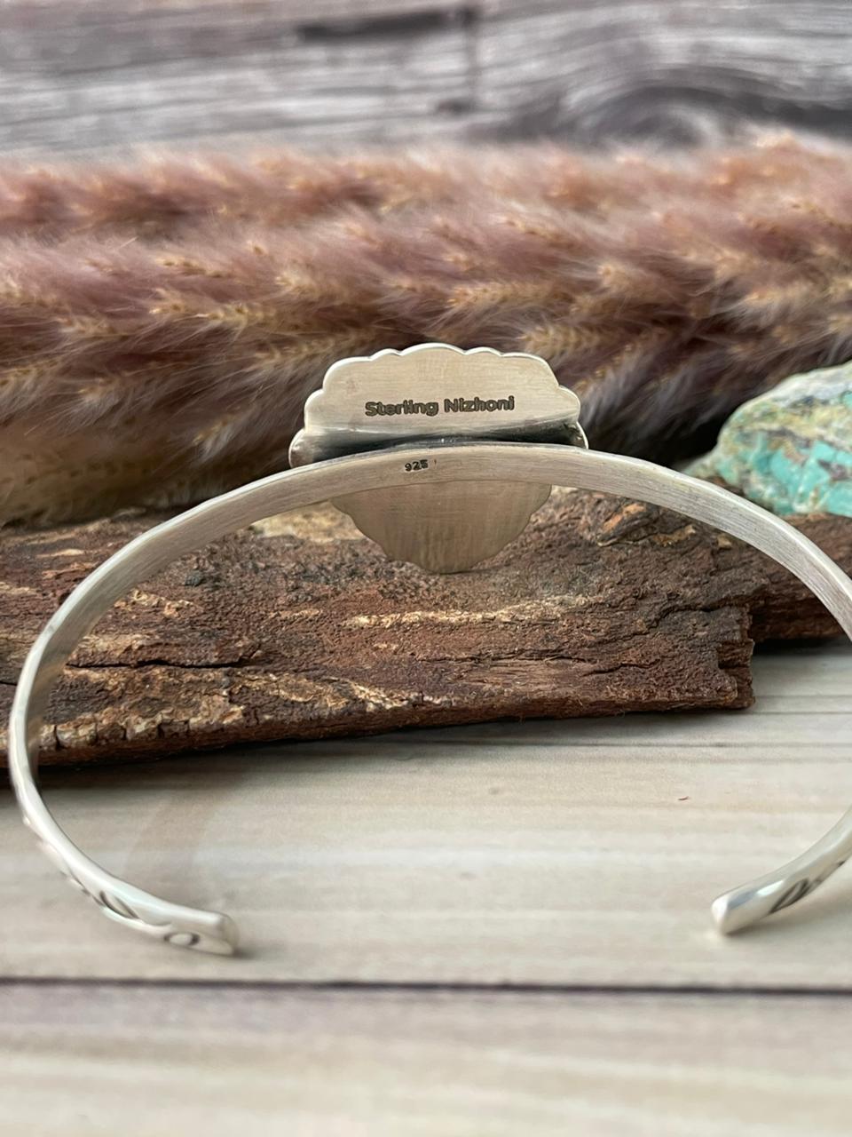 Handmade Sterling Silver Kingman Turquoise Heart Cuff Bracelet Signed Nizhoni