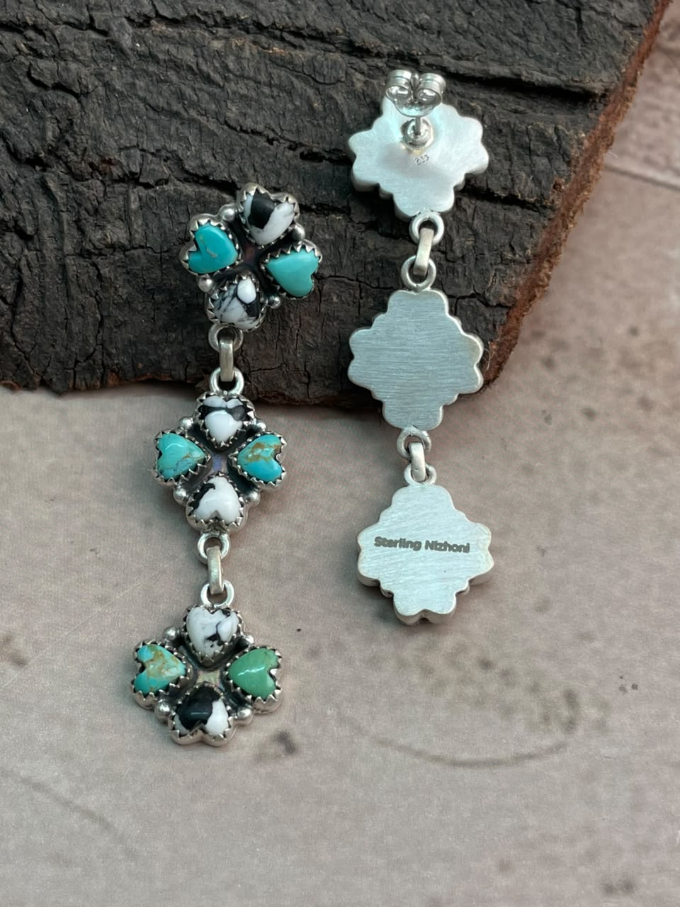 Handmade Sterling Silver White Buffalo with Kingman Turquoise Post Dangle Earrings Signed Nizhoni