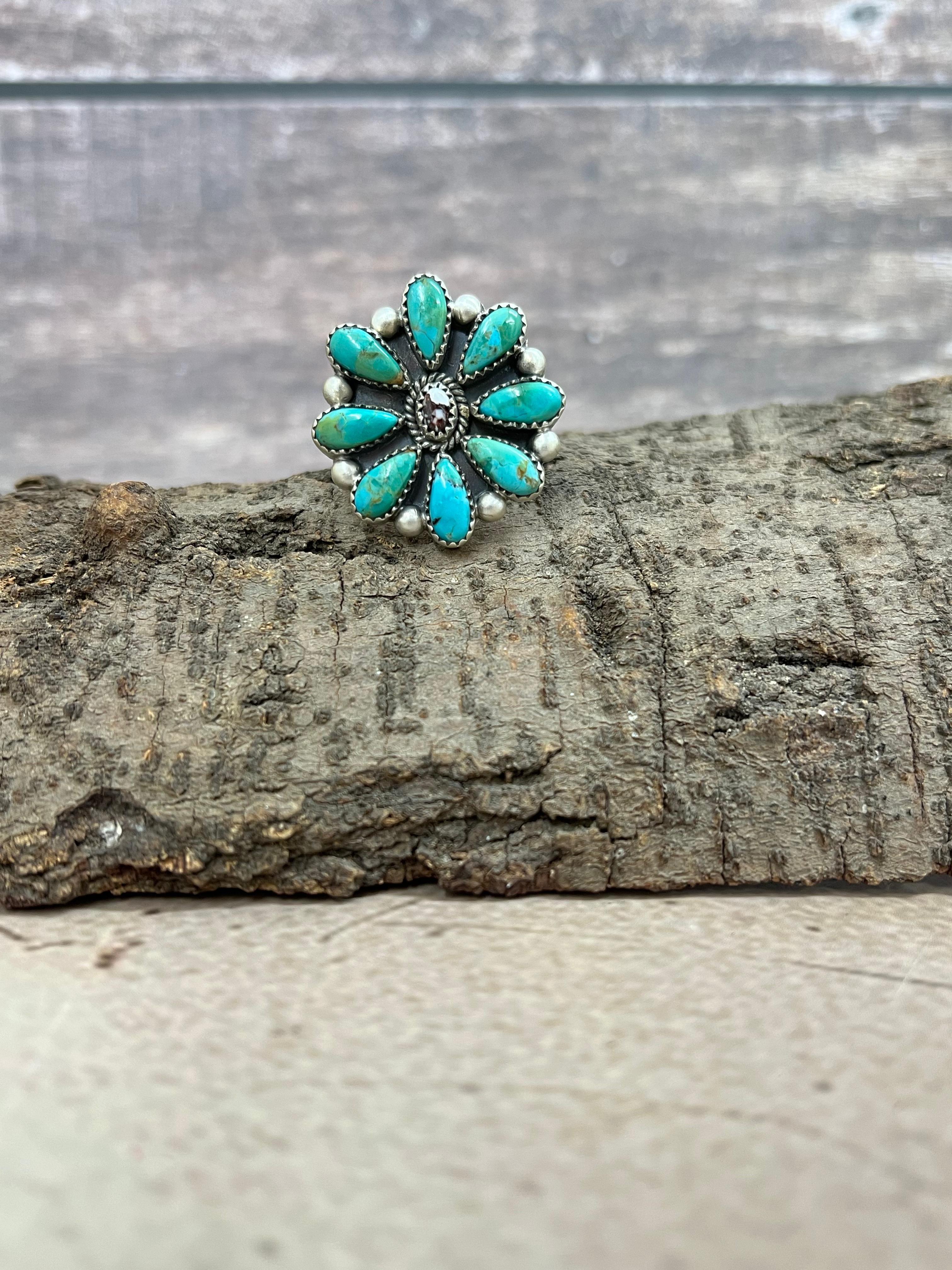 Handmade Sterling Silver Kingman Turquoise with Wild Horse Adjustable Ring Signed Nizhoni