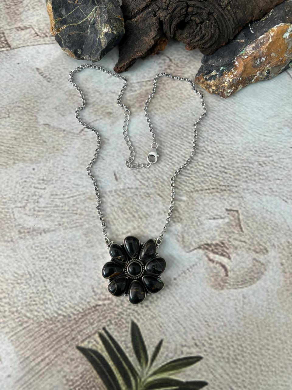 Handmade Sterling Silver Blackjack Turquoise Necklace "Signed Nizhoni"