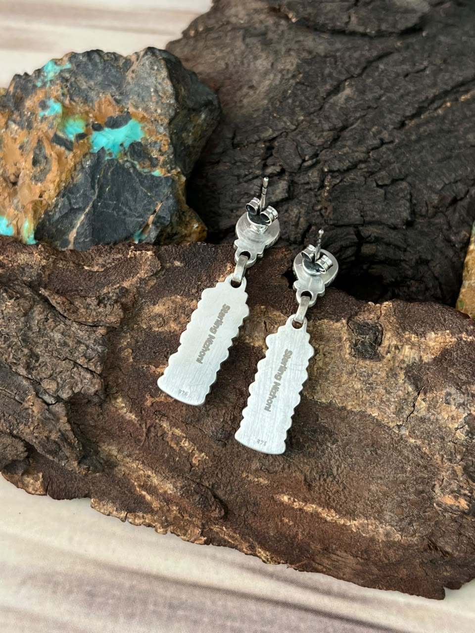 Handmade Sterling Silver Kingman Turquoise Post Dangle Earrings Signed Nizhoni
