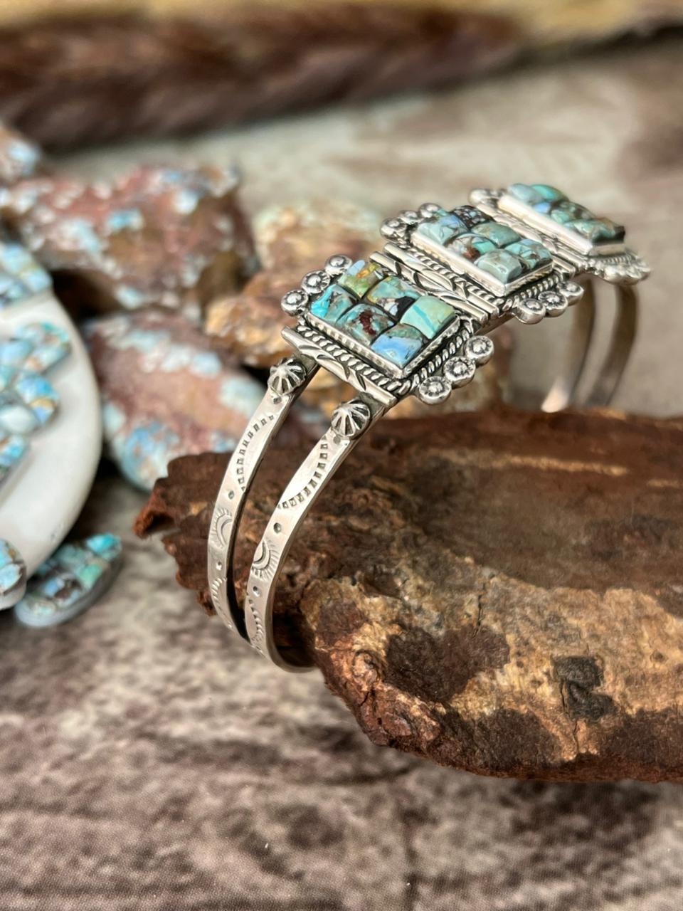 Handmade Sterling Silver Golden Hills Turquoise Cobble Collection Bracelet "Signed Nizhoni"