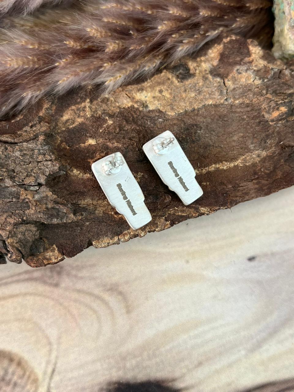 Handmade Sterling Silver Orange Mojave with Kingman Turquoise Post Studs Earrings Signed Nizhoni