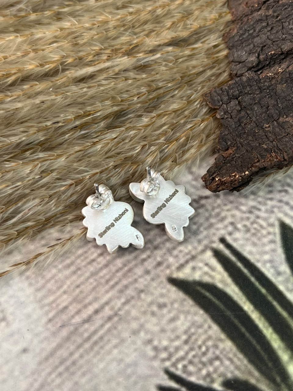 Handmade Sterling Silver White Buffalo Post Studs Earrings Signed Nizhoni