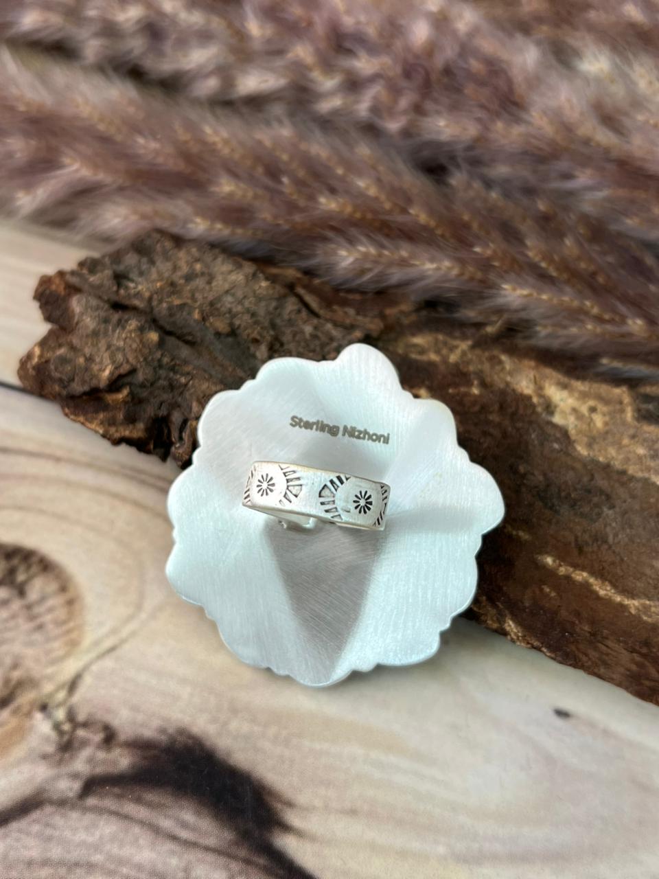 Handmade Sterling Silver Cripple Creek with Palomino Turquoise Adjustable Ring Signed Nizhoni