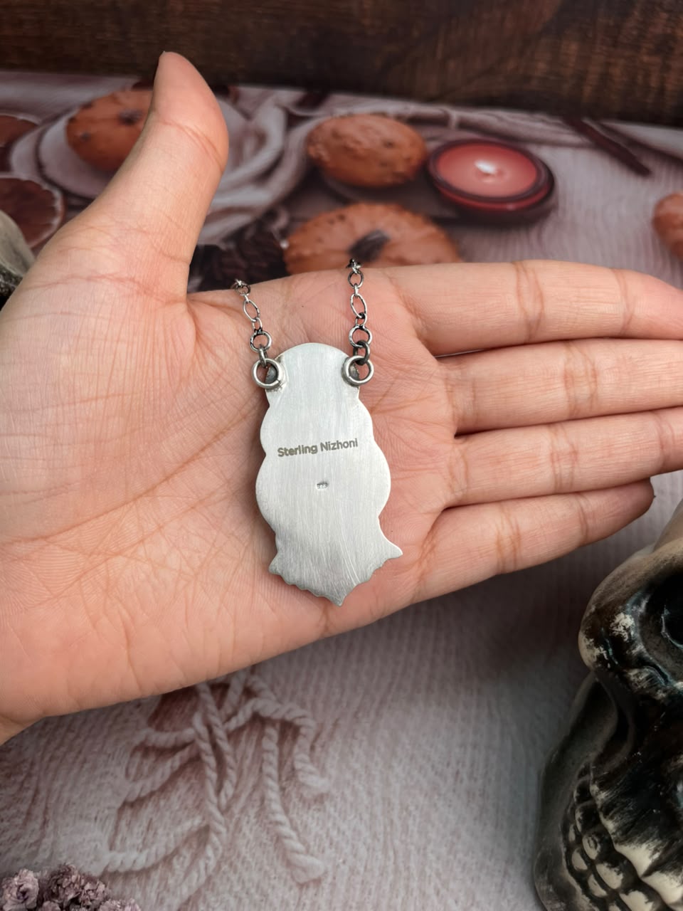 Handmade Sterling Silver Kingman Turquoise Halloween Collection: Necklace Signed Nizhoni