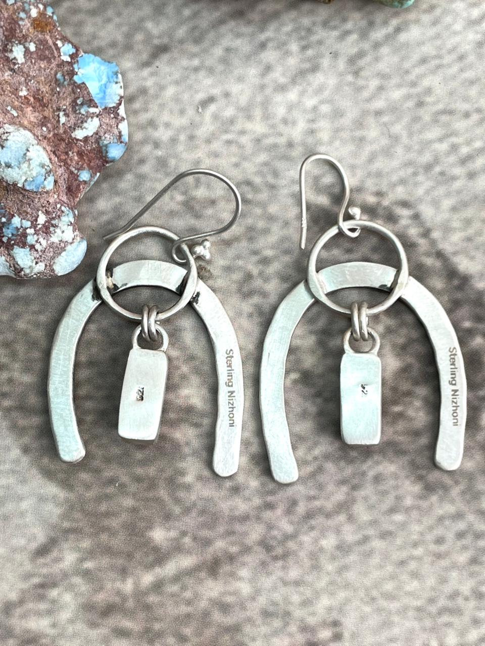 Handmade Sterling Silver White Buffalo Horseshoe Wire Dangle Earrings with Signed Nizhoni
