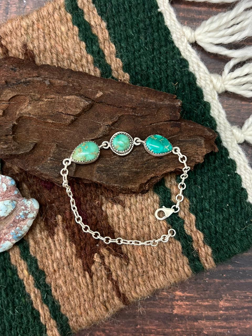 Handmade Sterling Silver Emerald Valley Turquoise Chain Bracelet "Signed Nizhoni"