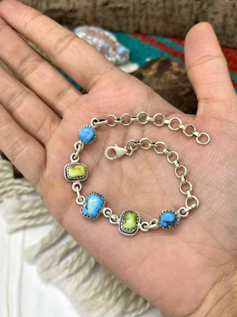 Handmade Sterling Silver Palomino with Golden Hills Turquoise Chain Bracelet "Signed Nizhoni"