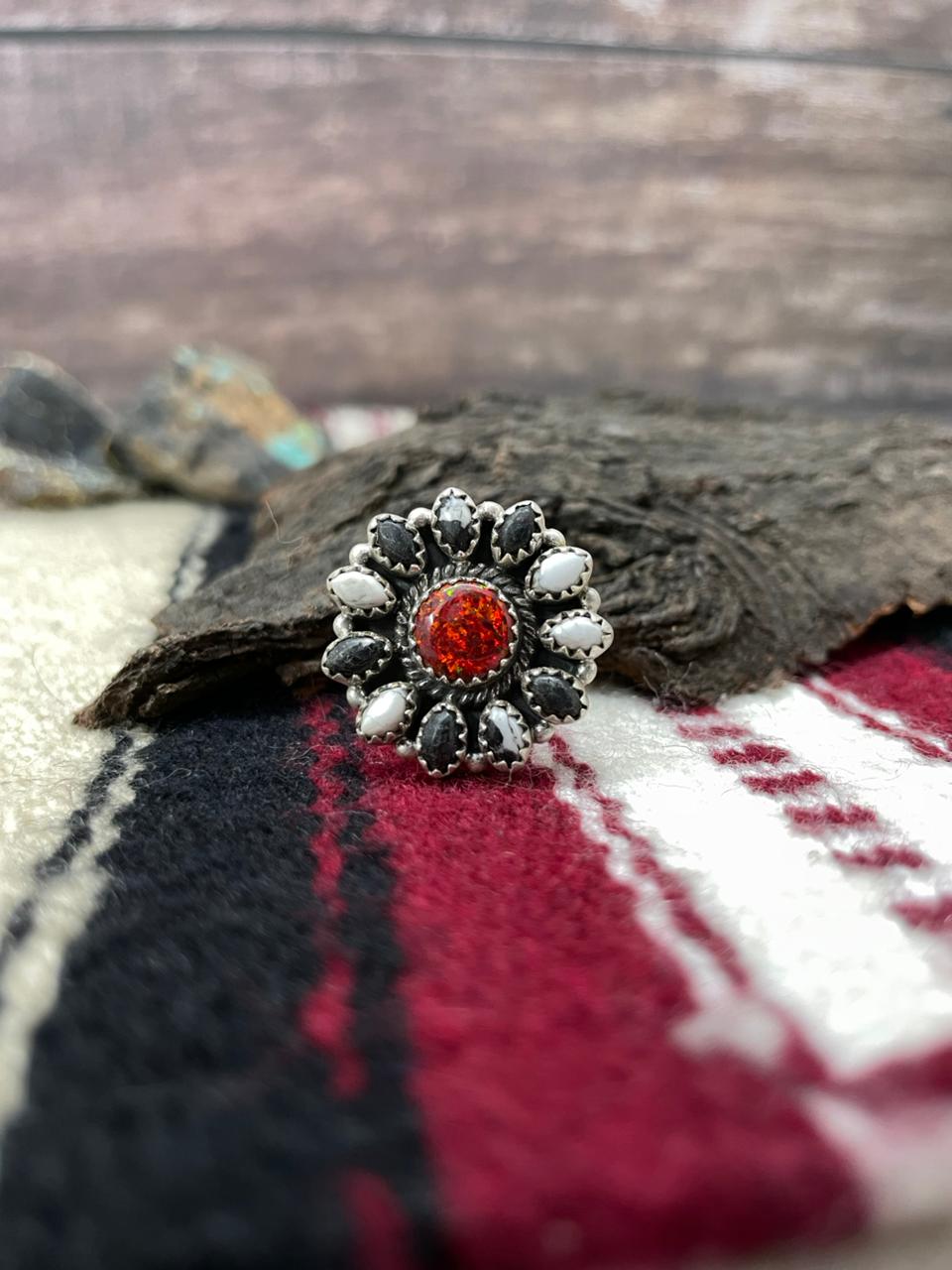 "Christmas Collection" Handmade Sterling Silver White Buffalo with Red Opal Adjustable Ring "Signed Nizhoni"