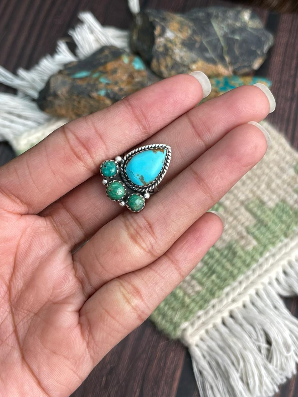 Handmade Sterling Silver Emerald Valley with Santa Maria Turquoise Adjustable Ring "Signed Nizhoni"