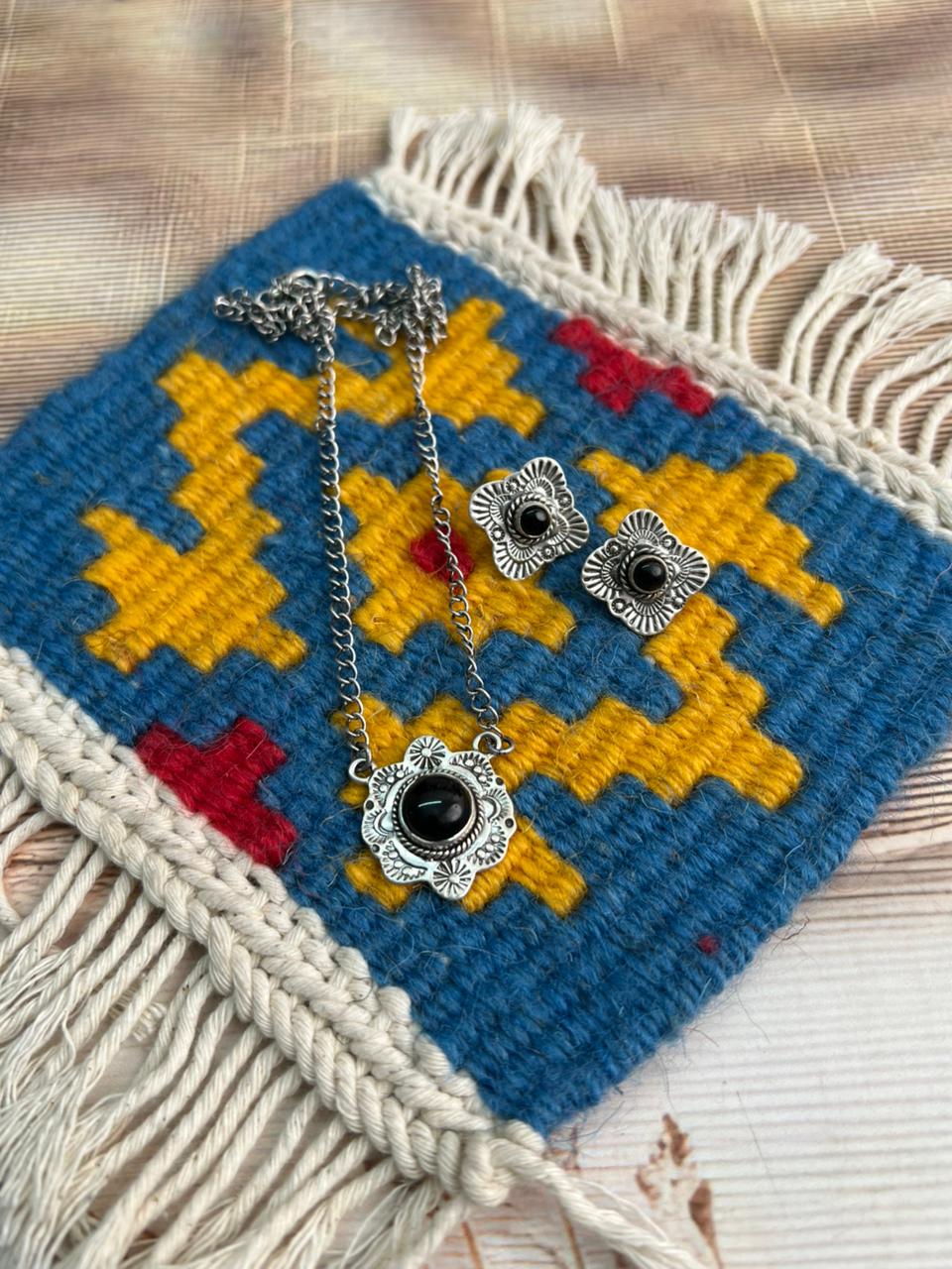 Handmade Sterling Silver Black Onyx Necklace Earrings Set "Signed Nizhoni"