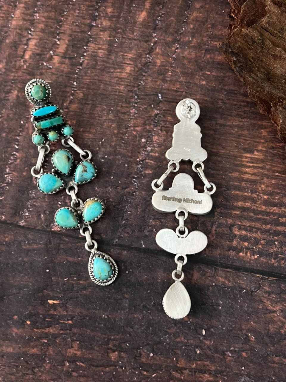 Handmade Sterling Silver Kingman Turquoise Post Dangle Earrings Signed Nizhoni