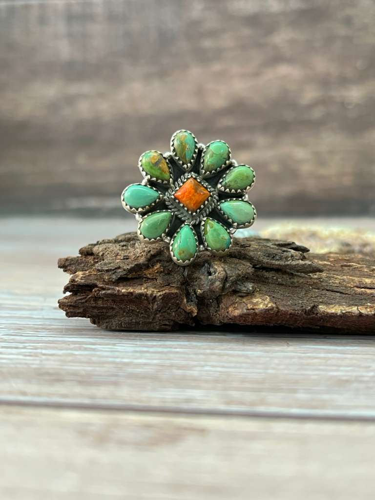 Handmade Sterling Silver Orange Mojave with Kingman Turquoise Adjustable Ring with Signed Nizhoni