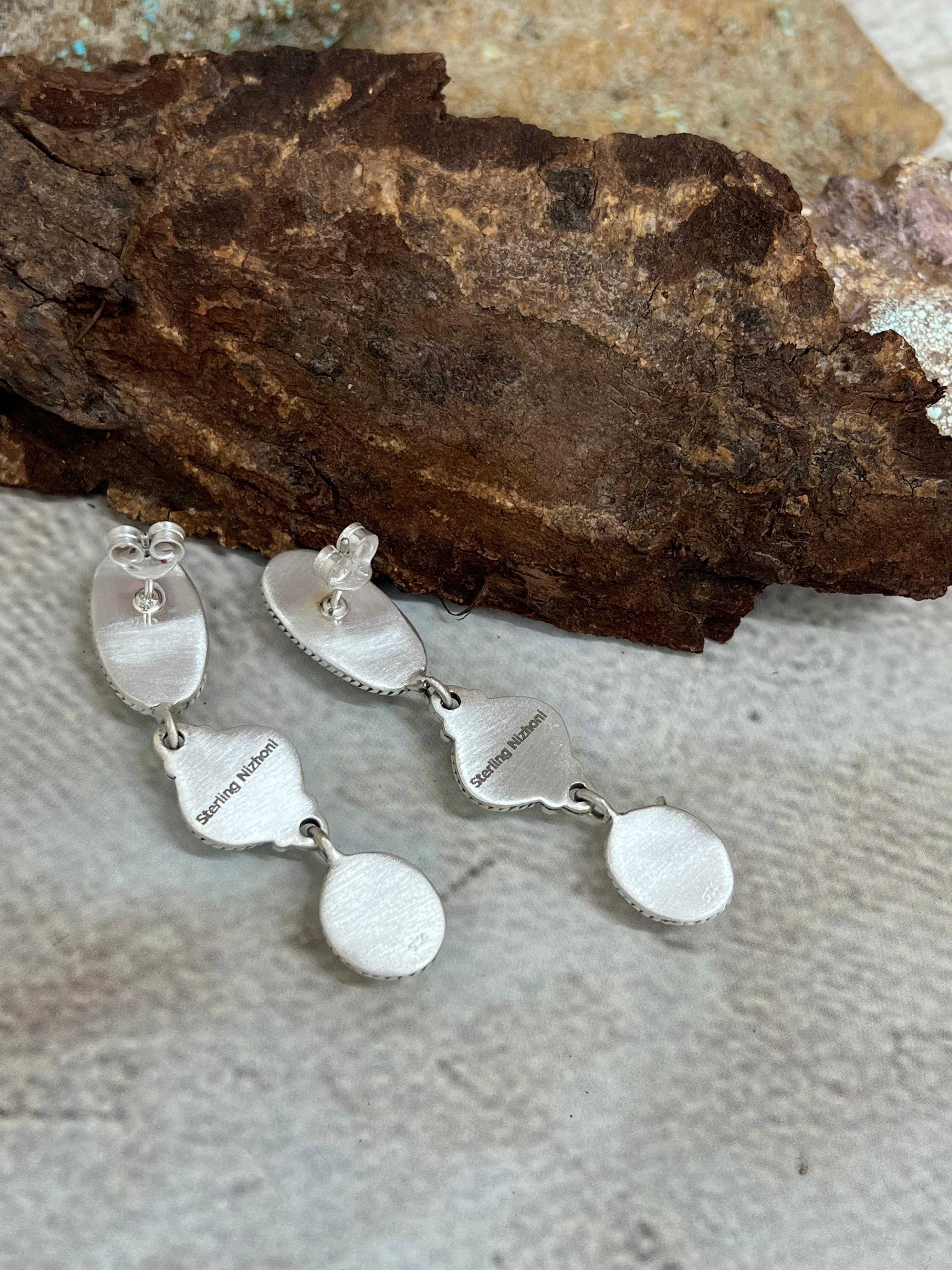 Handmade Sterling Silver Kingman Turquoise Post Dangle Earrings with Signed Nizhoni